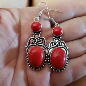 Red Coral Dangle 925 Earrings!